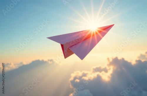 Origami paper airplane flies across the blue sky in the rays of the setting sun