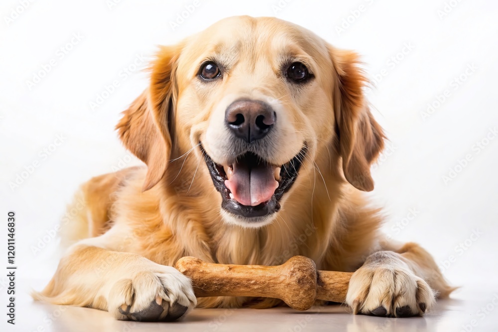 Fototapeta premium Happy Dog Chewing on a Bone - Adorable Pet Stock Photo