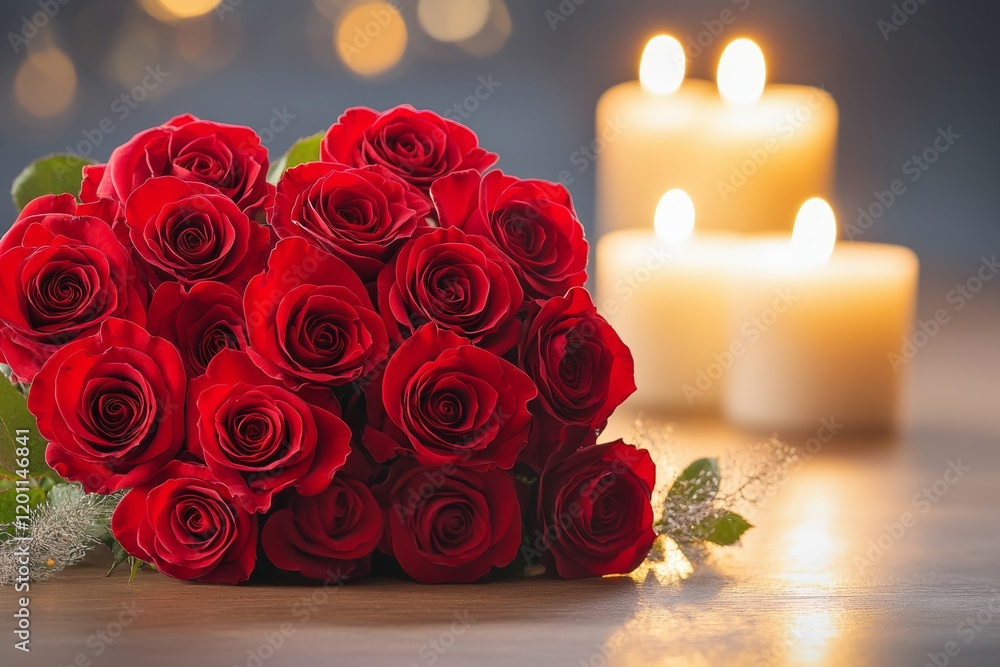 Obraz premium Red roses are arranged in a heart shape, illuminated by soft candlelight in the background, creating a romantic atmosphere perfect for special occasions