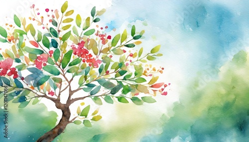 Tu Bishvat tree, copy space on a side, watercolor art style photo