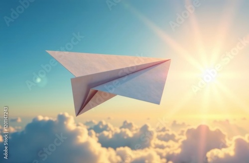 Origami paper airplane flies across the blue sky in the rays of the setting sun