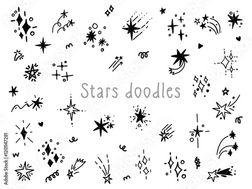 Hand drawn glitter star sparkling blinking spark doodle sketch scribble decorative scrapbook flare glare light vector illustrations