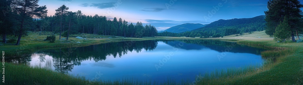 Serene lakeside view during twilight hours. Serene lakeside view during twilight hours.