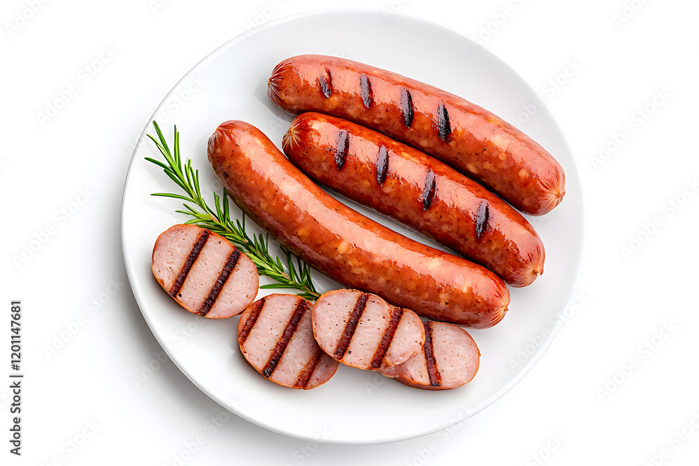 Boiled, grilled sausages isolated on white background, top view Boiled, grilled sausages isolated on white background, top view