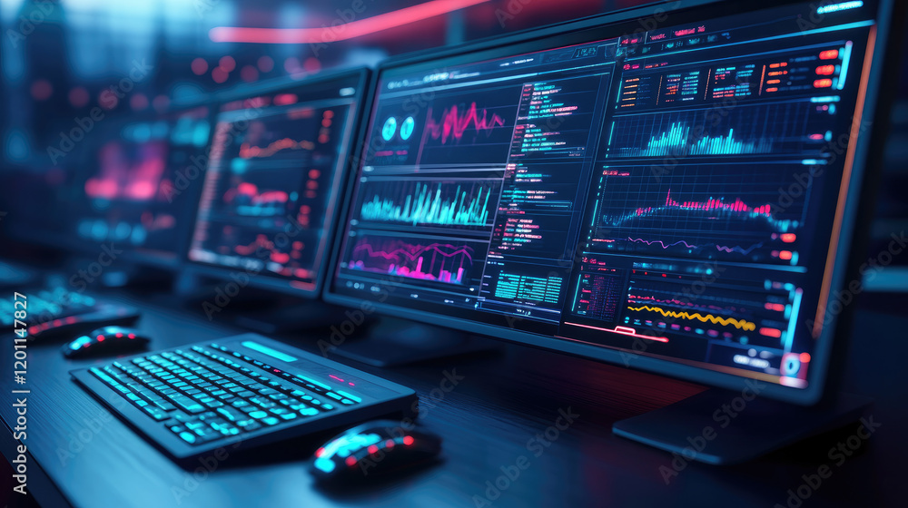 Cybernetic business landscape, digital data grids, futuristic charts, advanced economic statistics, high-tech innovation and analytics Cybernetic business landscape, digital data grids, futuristic charts, advanced economic statistics, high-tech innovation and analytics
