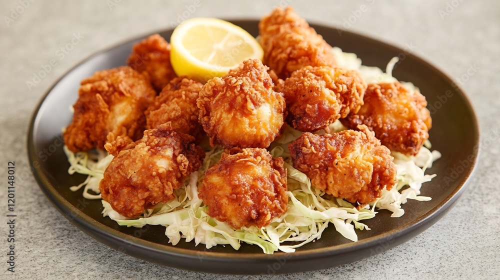 Plate of Japanese karaage crispy fried chicken pieces served shredded cabbage and a lemon wedge Plate of Japanese karaage crispy fried chicken pieces served shredded cabbage and a lemon wedge