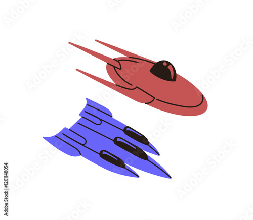 Icons of futuristic spaceship and UFO. Spacecraft of aliens. Space shuttle for interstellar travel. Rockets, ships, starships for cosmos flights. Flat isolated vector illustration on white background