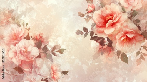 Beautiful pastel floral background featuring soft pink roses and delicate leaves in a serene, artistic style