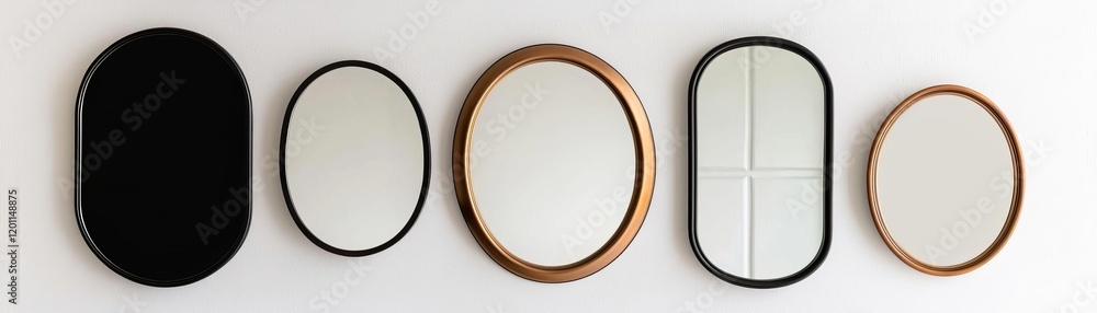 Obraz premium A stylish arrangement of mirrors in various shapes and sizes, enhancing modern interior design and home aesthetics.