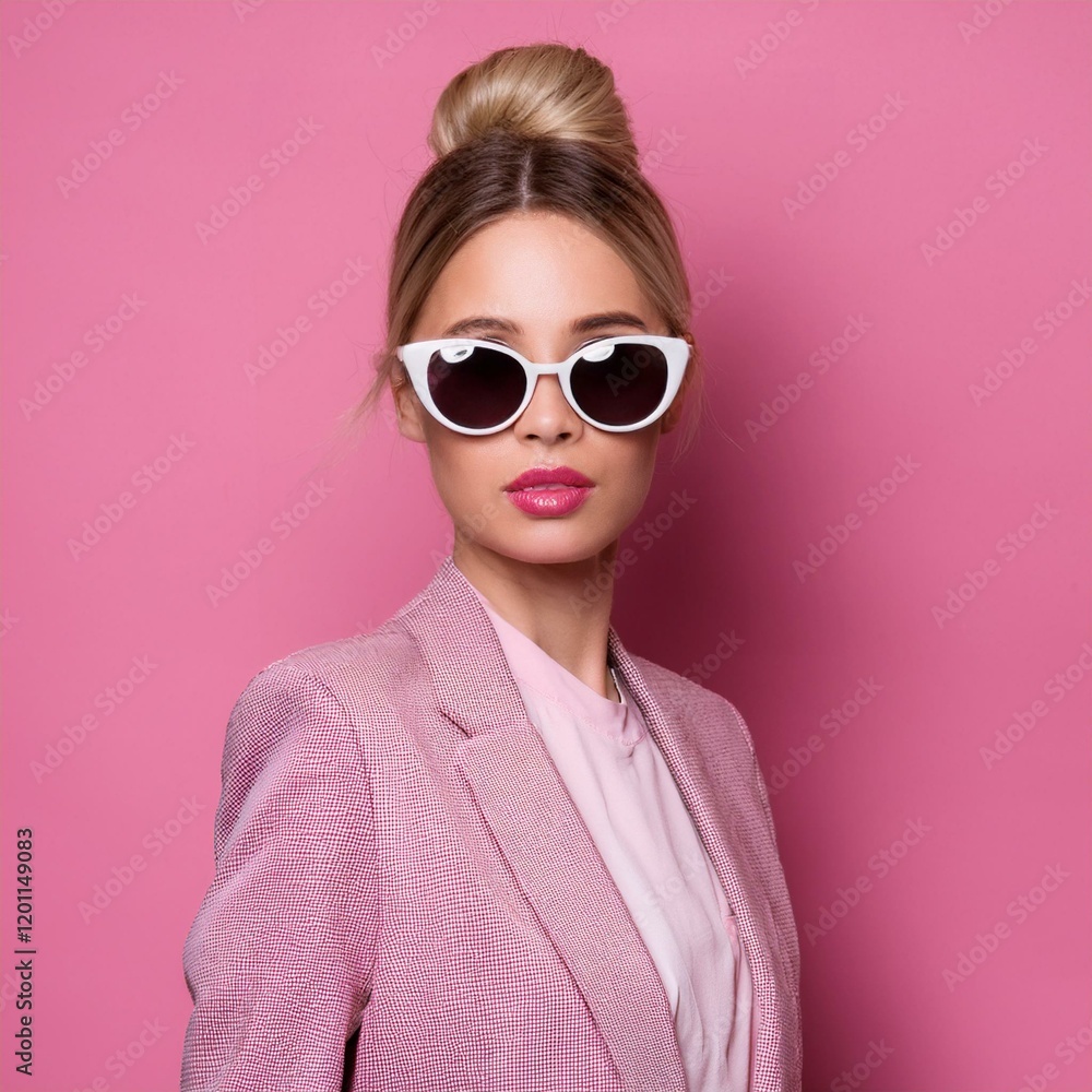 portrait of a Formal wear young woman with sunglasses simple pink background
