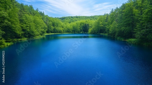 Serene Blue Lake Surrounded by Lush Green Forest