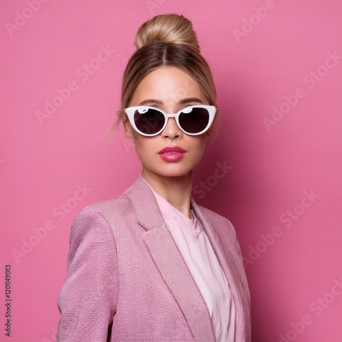 portrait of a Formal wear young woman with sunglasses simple pink background