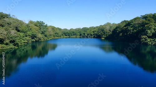 Serene Blue Lake Surrounded by Lush Green Trees