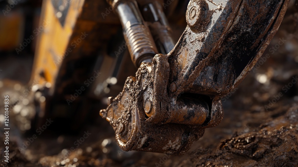Close-up of muddy excavator arm joint.