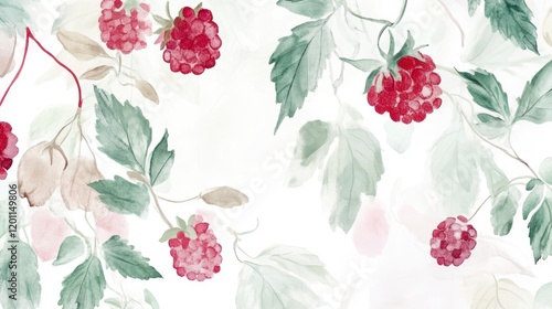 Delicate Watercolor Raspberries and Leaves - A Beautiful Floral Design
