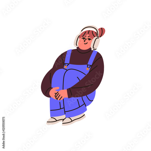 Happy girl in jumpsuit listens to music with headphone. Cute young woman with playing songs, audio records in headset, earphones sits, hugs knees. Flat isolated vector illustration on white background