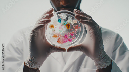 a person holding a glass bowl with a variety of colored flowers photo