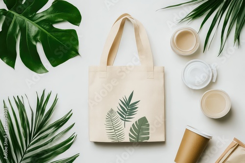 A flat-lay mockup of a cotton tote bag with customizable print, placed alongside eco-friendly items like reusable cups. photo