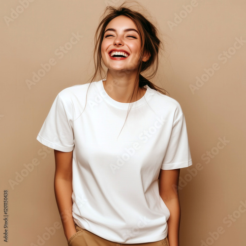 Laughing young woman model with messy hairstyle, dressed in white oversized t-shirt standing near plain background, studio shot. Blank short sleeve tee template. Women crewneck basic tshirt mock up