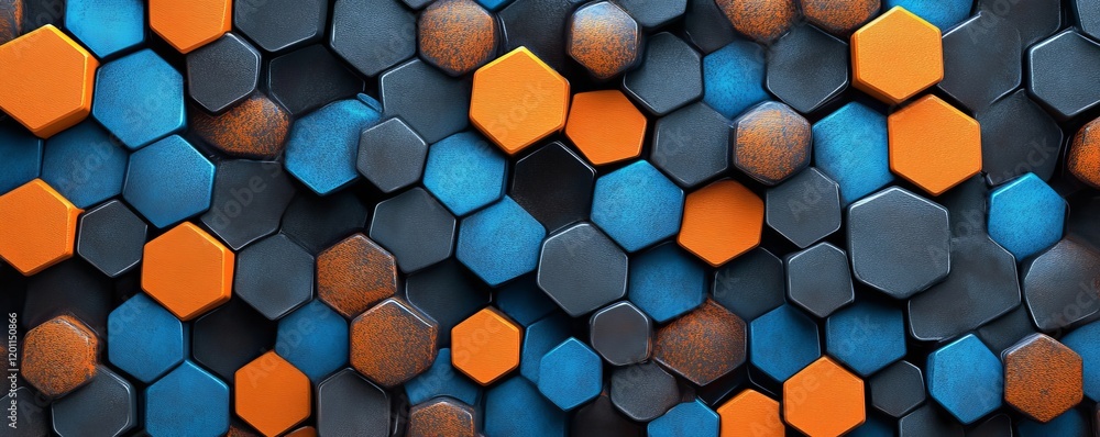 Black blue and orange hexagons background pattern 3D rendering, Generative AI Black blue and orange hexagons background pattern 3D rendering, Generative AI