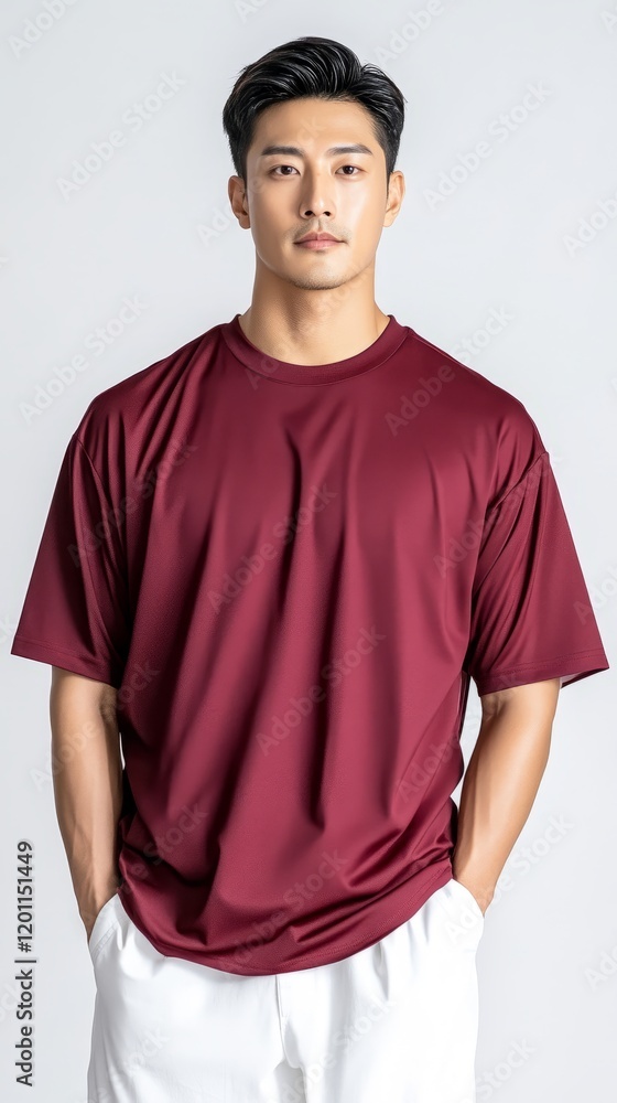 Mockup of a plain burgundy oversized t-shirt on a man, ideal for branding and design Mockup of a plain burgundy oversized t-shirt on a man, ideal for branding and design
