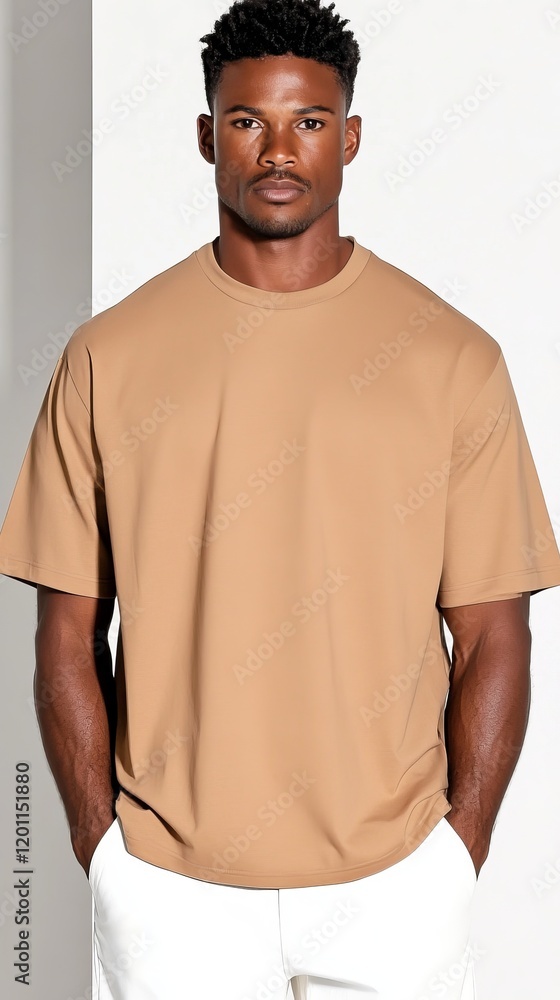 Fototapeta premium Mockup of a plain light-brown oversized t-shirt on a man, ideal for branding and design