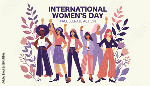 International Women's Day celebration illustration Empowered diverse women standing together with raised fists surrounded by floral elements promoting accelerate action depicted in modern flat stye