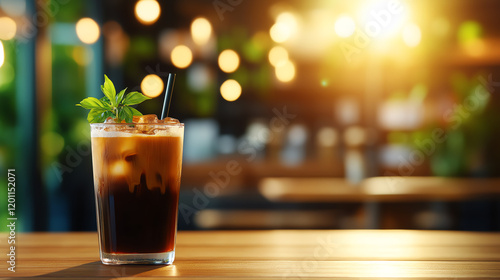 Vietnamese Ca Phe Sua Da iced coffee, served with condensed milk in a bustling cafe setting, [Asian beverages, vibrant energy] photo