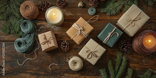 Wrapped gift boxes in neutral tones arranged on a rustic wooden table with pinecones, candles, and twine adding a festive touch in a cozy setting. photo