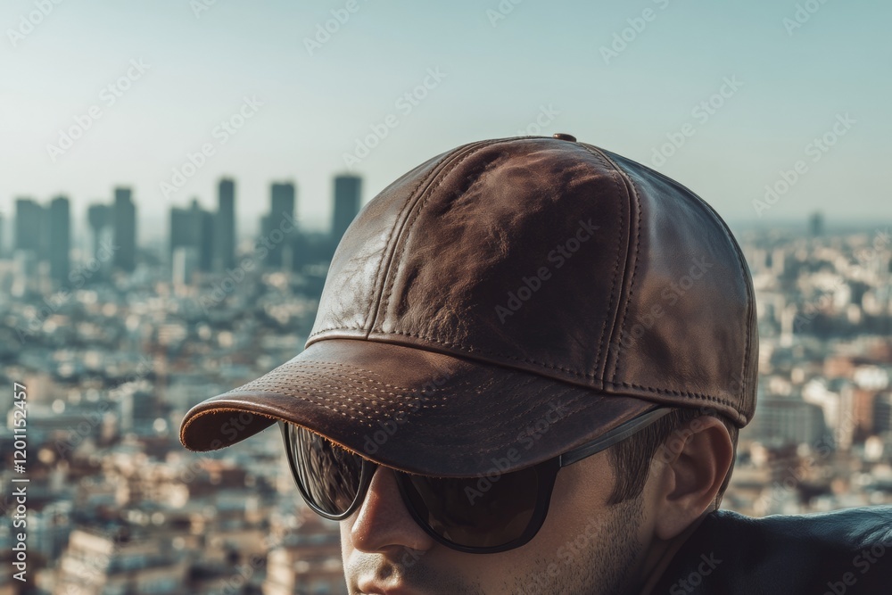 A confident person in a leather cap and sunglasses gazes at the expansive cityscape, capturing the essence of urban lifestyle in stunning detail as the sun sets A confident person in a leather cap and sunglasses gazes at the expansive cityscape, capturing the essence of urban lifestyle in stunning detail as the sun sets