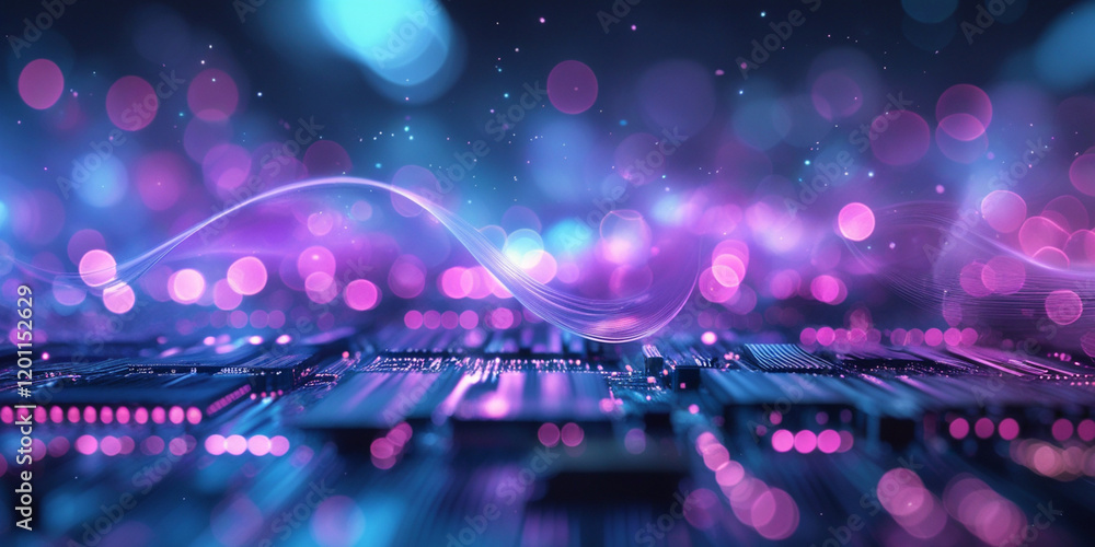 Abstract waves of light dance across a microchip, creating a mesmerizing visual. Abstract waves of light dance across a microchip, creating a mesmerizing visual.