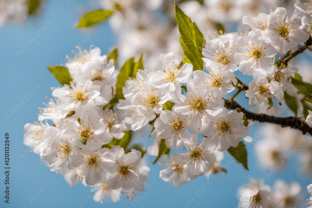 Bright pink cherry tree flowers on White isolated background close up Bright pink cherry tree flowers on White isolated background close up