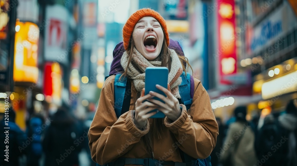 Woman laughs while using phone in a crowd. Woman laughs while using phone in a crowd.