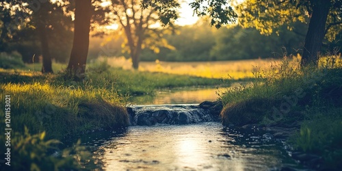 Tranquil creek scene with soft sunlight reflections on water surrounded by lush greenery and golden fields under a warm afternoon glow. photo