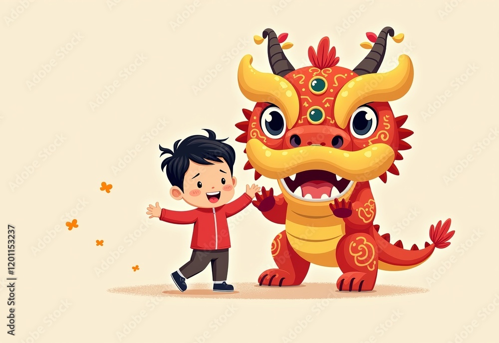 Fototapeta premium Traditional Chinese Art: Festive New Year Illustration, Cute Boy in Red Dancing with Lion Head, Exaggerated Dragon Hat, Colorful Tassels and Horns, Cartoon Characters, Bright Colors. Perfect for Lunar