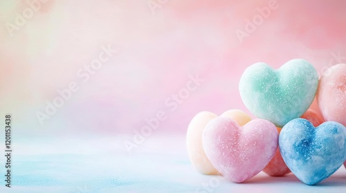 Candy watercolor concept. Colorful heart-shaped candies arranged against a soft pastel background.