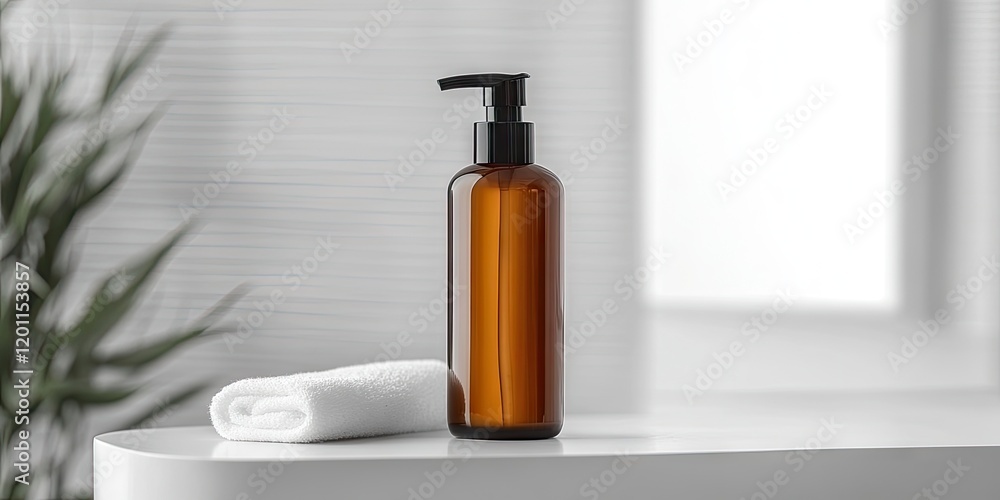 Amber shampoo bottle on a white countertop with a small white towel next to it, soft natural light illuminating a blurred background of greenery. Amber shampoo bottle on a white countertop with a small white towel next to it, soft natural light illuminating a blurred background of greenery.