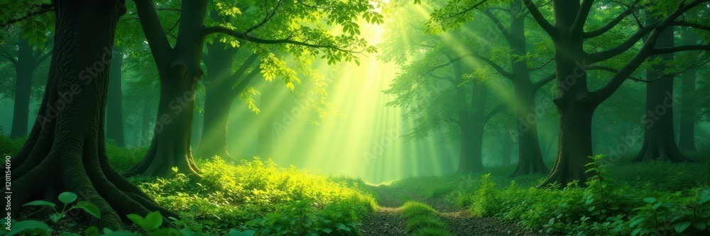 Obraz premium Misty green forest, sunlight dappled through leaves, imagery, woods