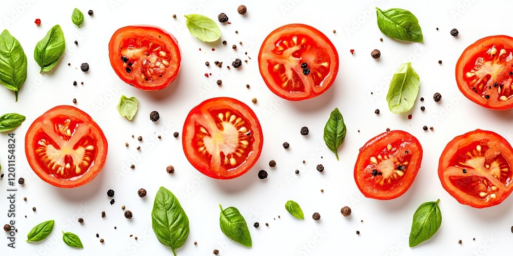 Fresh sliced tomatoes with green basil leaves and black peppercorns arranged symmetrically on a clean white background, ample copy space available Fresh sliced tomatoes with green basil leaves and black peppercorns arranged symmetrically on a clean white background, ample copy space available