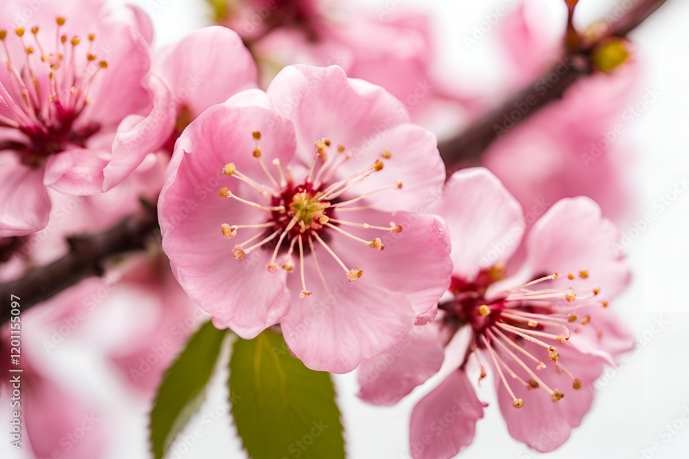 Bright pink cherry tree flowers on White isolated background close up Bright pink cherry tree flowers on White isolated background close up