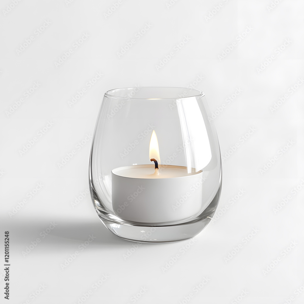 Single candle in glass holder mockup isolated on white background