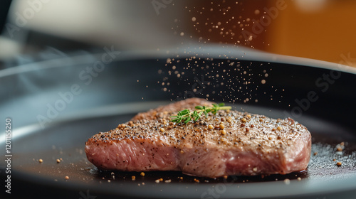 Sizzling Steak Seasoning:  A close-up of a juicy, raw steak in a hot skillet as peppercorns fall from above, ready to sear to perfection. photo