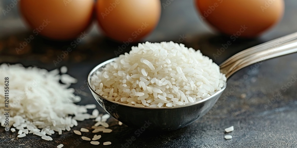 Spoon filled with raw white rice positioned in foreground with scattered rice grains and two brown eggs blurred in background on dark surface. Spoon filled with raw white rice positioned in foreground with scattered rice grains and two brown eggs blurred in background on dark surface.