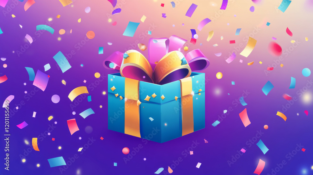Open box with bonus sign and confetti explosion inside isolated outline icon. Vector mystery gift box with secret, mystery surprise, giftbox Open box with bonus sign and confetti explosion inside isolated outline icon. Vector mystery gift box with secret, mystery surprise, giftbox