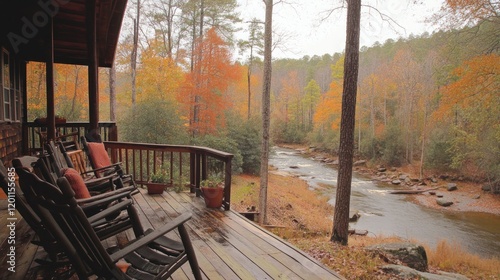 Autumn cabin porch overlooking a river.  Rustic wooden porch with rocking chairs, vibrant fall foliage, calm river, and wooded hills beyond. photo