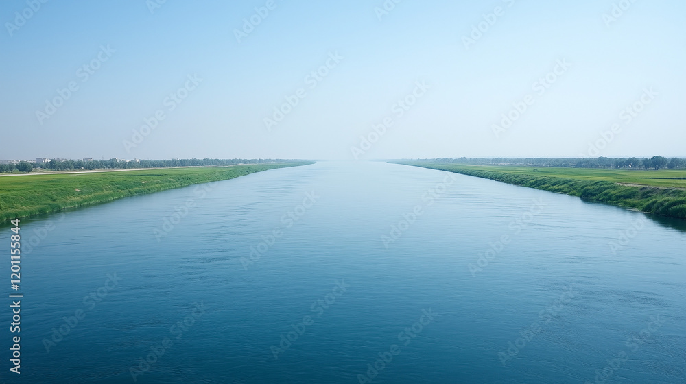 Fototapeta premium Serene Canal: A tranquil blue canal stretches to the horizon, flanked by lush green banks under a clear, serene sky. The image evokes a sense of calm and peace. 