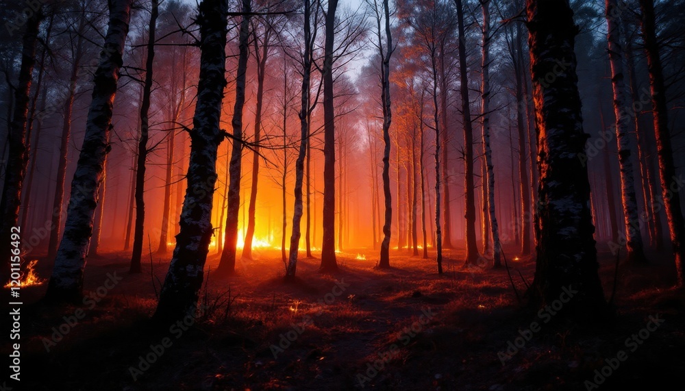 Intense forest fire illuminating nighttime woodland scene with tall trees