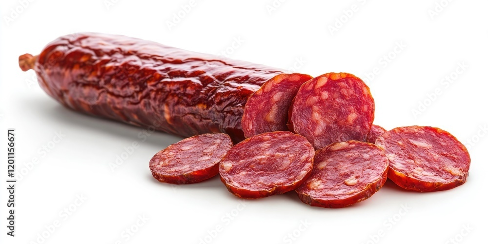 Whole smoked dried sausage with slices arranged to the front, deep red color on a clean white background highlighting the sausage’s texture. Whole smoked dried sausage with slices arranged to the front, deep red color on a clean white background highlighting the sausage’s texture.