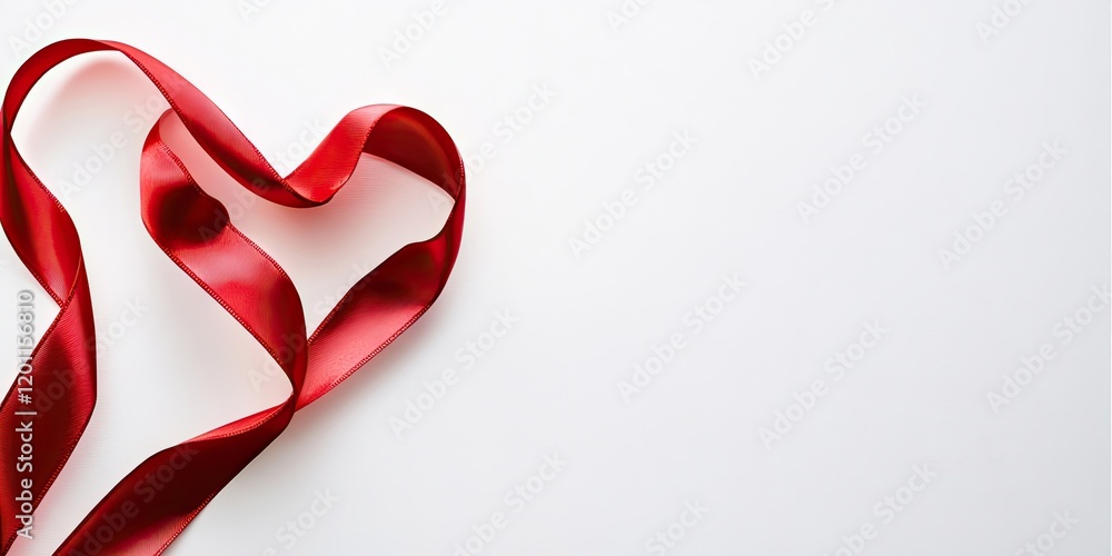 Red satin ribbon elegantly shaped into a heart on a bright white background with blurred edges creating a soft romantic atmosphere. Red satin ribbon elegantly shaped into a heart on a bright white background with blurred edges creating a soft romantic atmosphere.