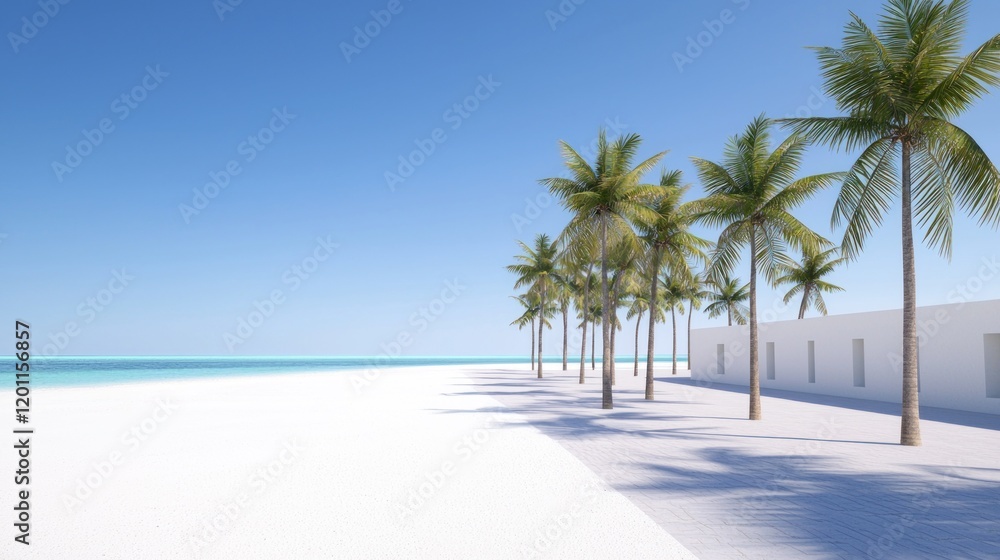 Tropical beach with palm trees and white buildings Tropical beach with palm trees and white buildings